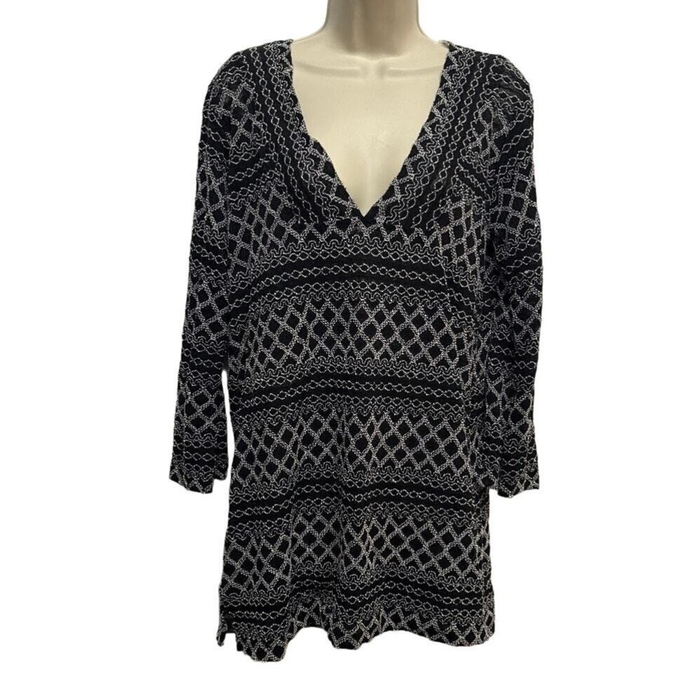 J Valdi Women Black White Geometric Knit V-Neck Cover Up Dress Tunic Size M